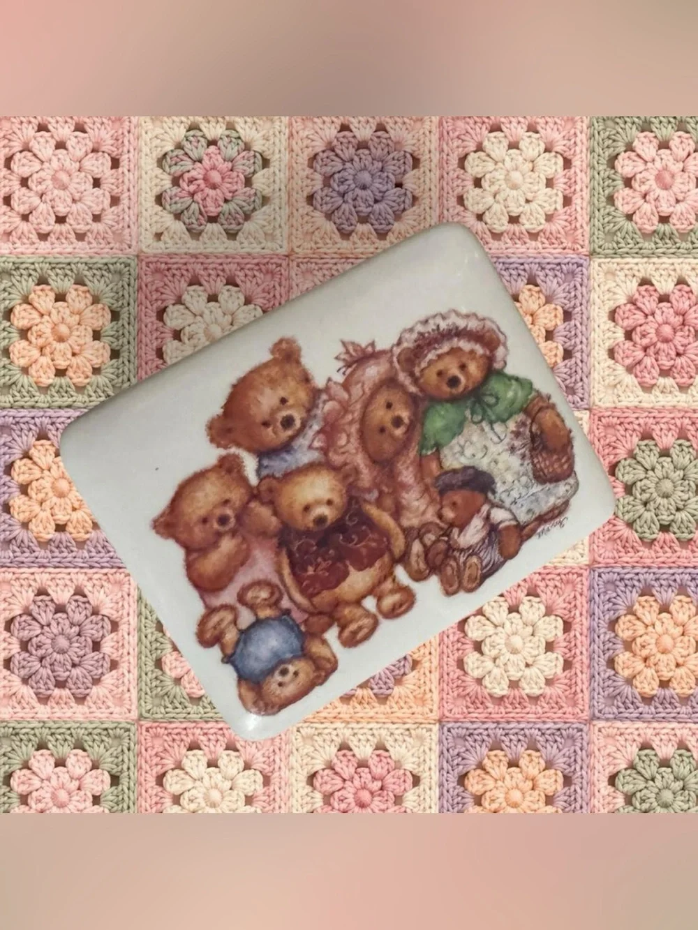 Porcelain Trinket Dish with Teddy Bear Design - Pastel Accents