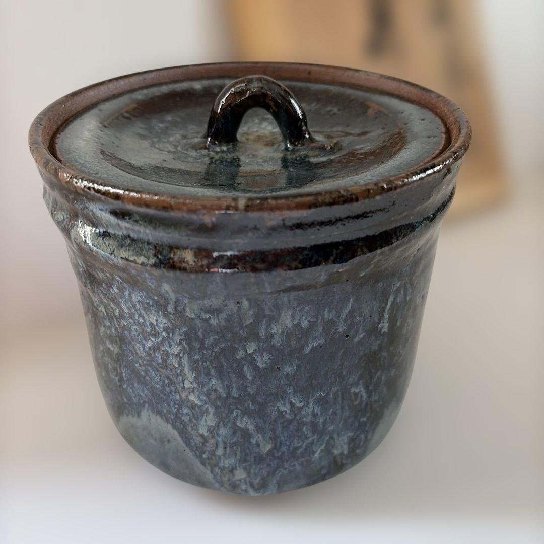 Kobushi Yaki Black Glaze Ceramic Pitcher with Lid and Wooden Box