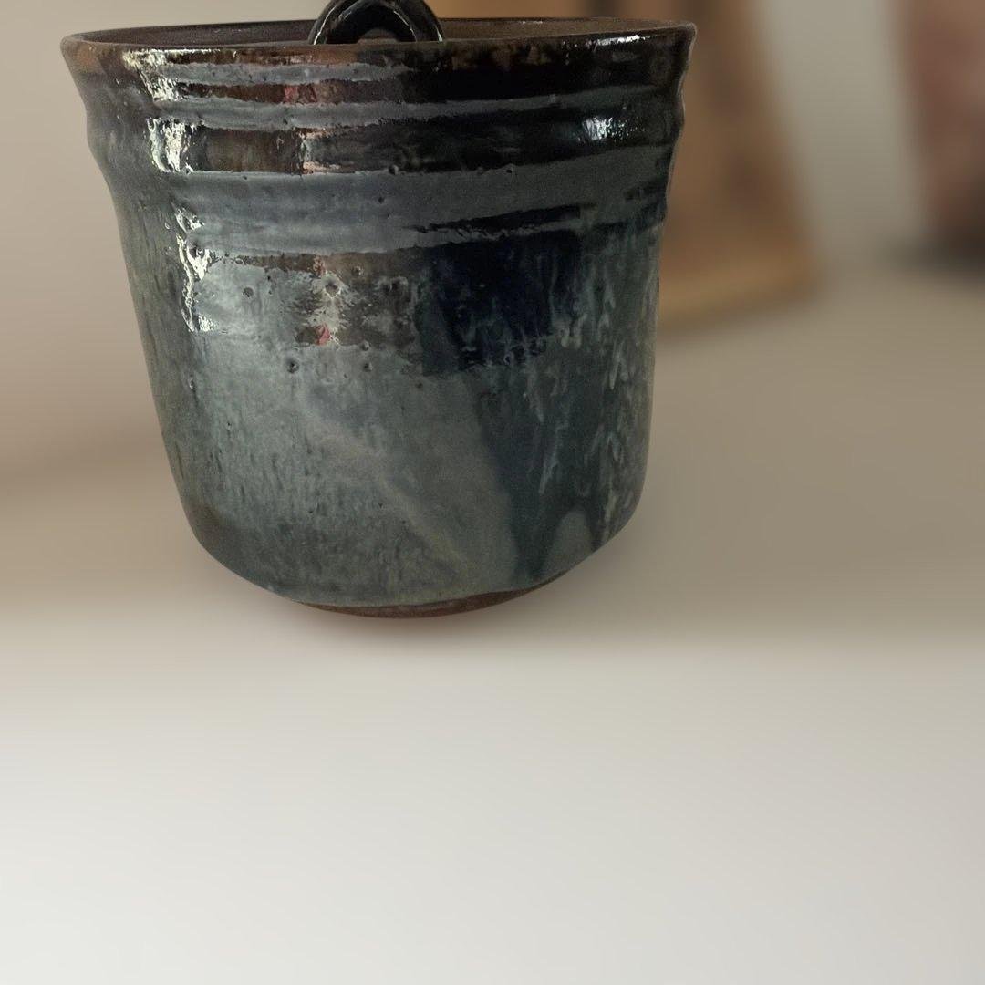 Kobushi Yaki Black Glaze Ceramic Pitcher with Lid and Wooden Box
